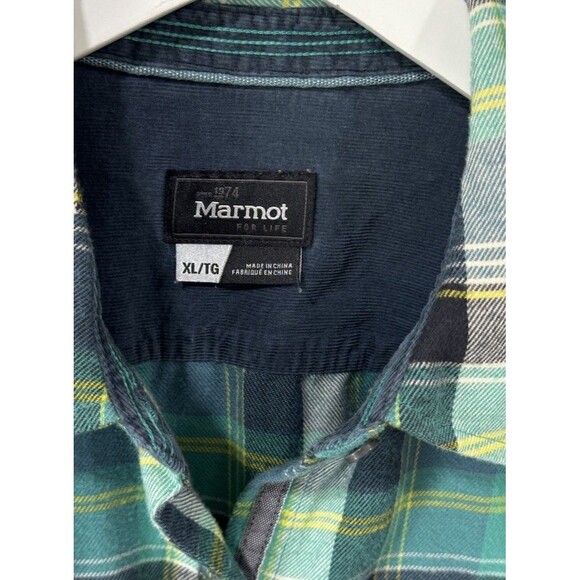 MARMOT Flannel Shirt XL Button Up Turquoise Plaid Cotton Knit Blend Garpcore EUC - Picture 7 of 10